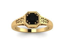 Edwardian Black Diamond Engagement Ring 14K Yellow Gold Vintage Ring With 5mm Natural Black Diamond Center Valentine's Gift Unique - V1118R