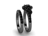 Natural Black Halo Diamond Three-Stone Engagement Ring with One Black Diamond Matching Band 14K Black Gold Bridal Set Women's Jewelry -V1119