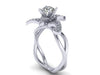 Flower Lily Diamond Engagement Ring Charles & Colvard Forever One Moissanite Center Unusual 14K White Gold Engagement Ring  - V1124