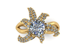 Flower Lily Diamond Engagement Ring Charles & Colvard Forever One Moissanite Center Unusual 14K Yellow Gold Engagement Ring Holidays - V1124