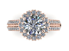 Unique Engagement Ring Round 7mm Charles & Colvard One Brilliant Moissanite Center Diamond Halo Double Shank Ring 14k Rose Gold - V1138