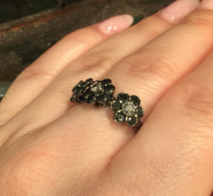 Statement Rings Black and White Diamond Flower Design Band 14K Black Gold Ring Anniversary Mother's Day Gift Genuine Diamonds Gems- V1088